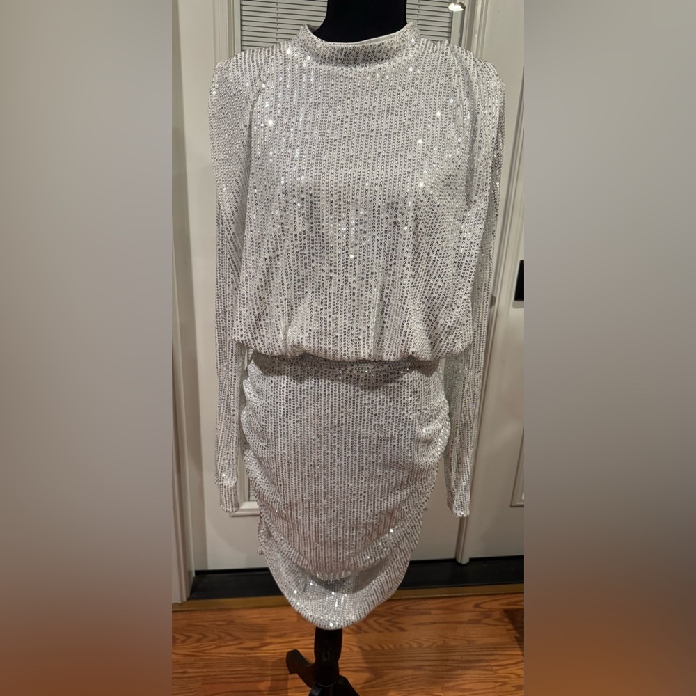 SHEIN White Sequin Bodycon Dress Long Sleeve Ruched Party Clubwear Size Large